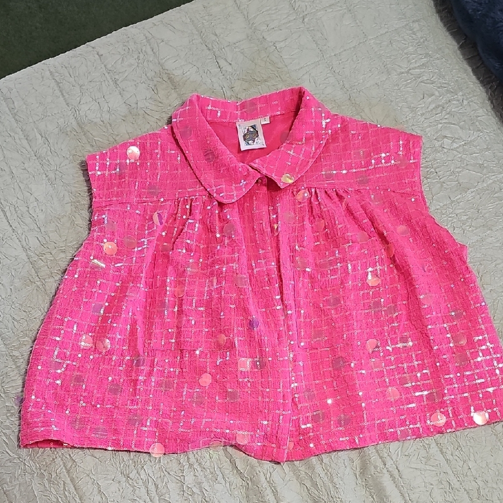 QUEEN OF SPARKLES Bright Pink Sequin Tweed Sleeveless Top